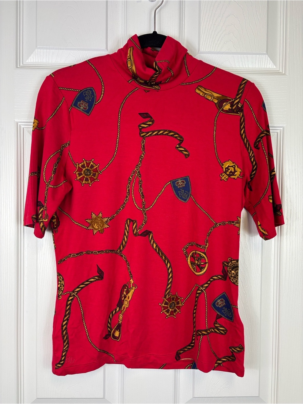 NWT Ralph Lauren red equestrian short sleeve turtleneck top sz lg